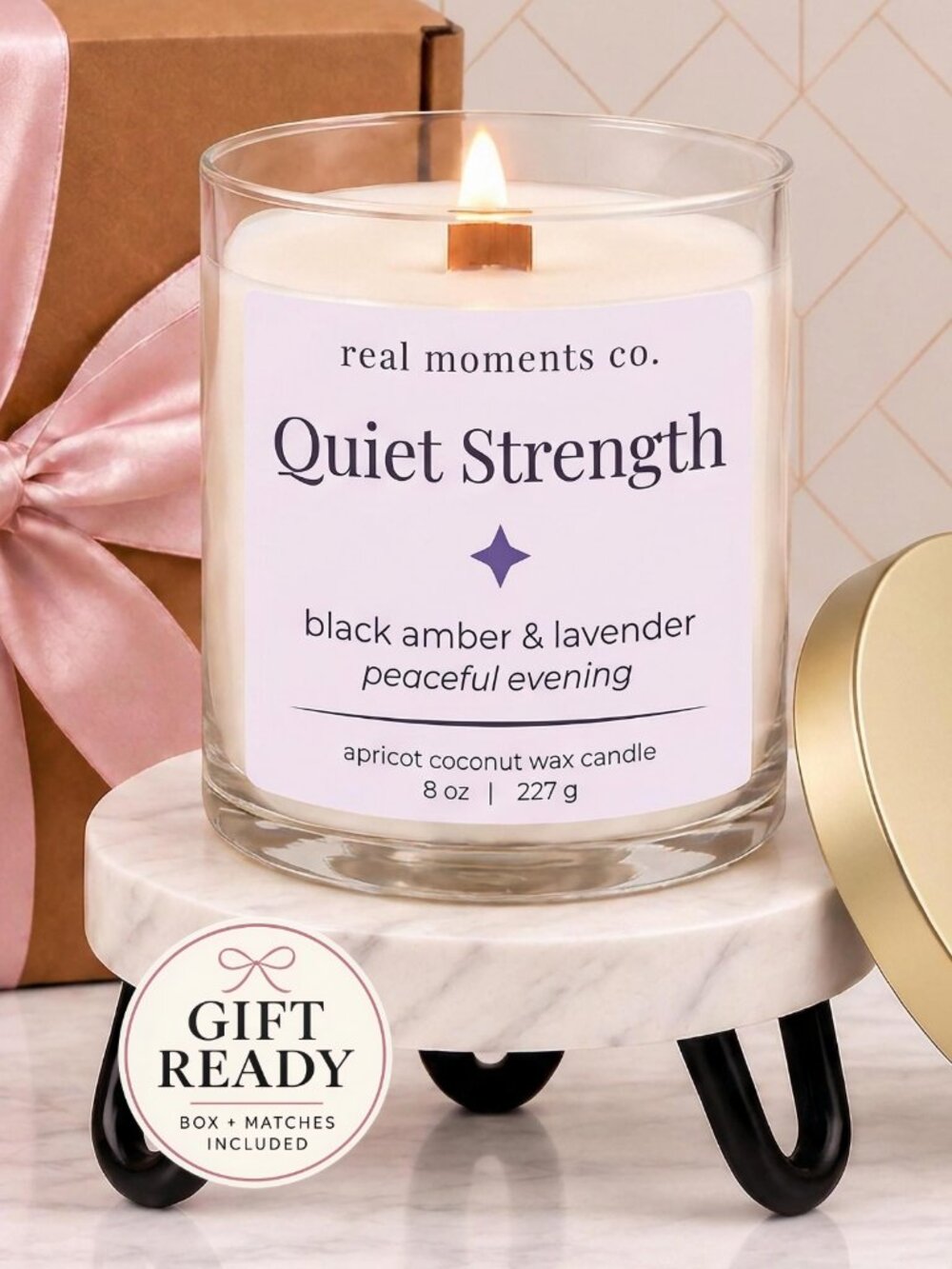 Quiet Strength Candle,  Black Amber & Lavender, Self Candle Gift Set
